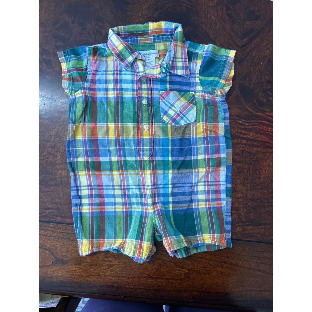 Ralph Lauren Baby Boy Plaid Romper Multicolor Cotton Snap Bottom 9M